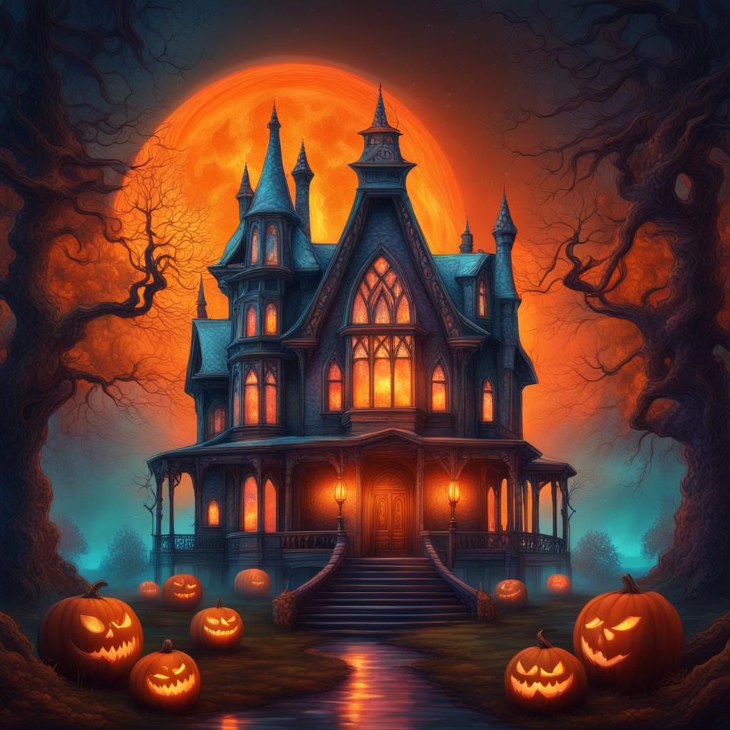 Gothic Spooky Manor with Orange Light