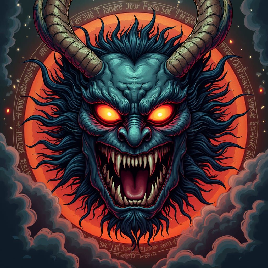 Gothic Japanese Demon Mask with Glowing Eyes