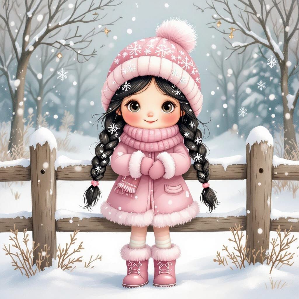 Fairytale Winter Scene: Girl in Pink Outfit with Snowflakes