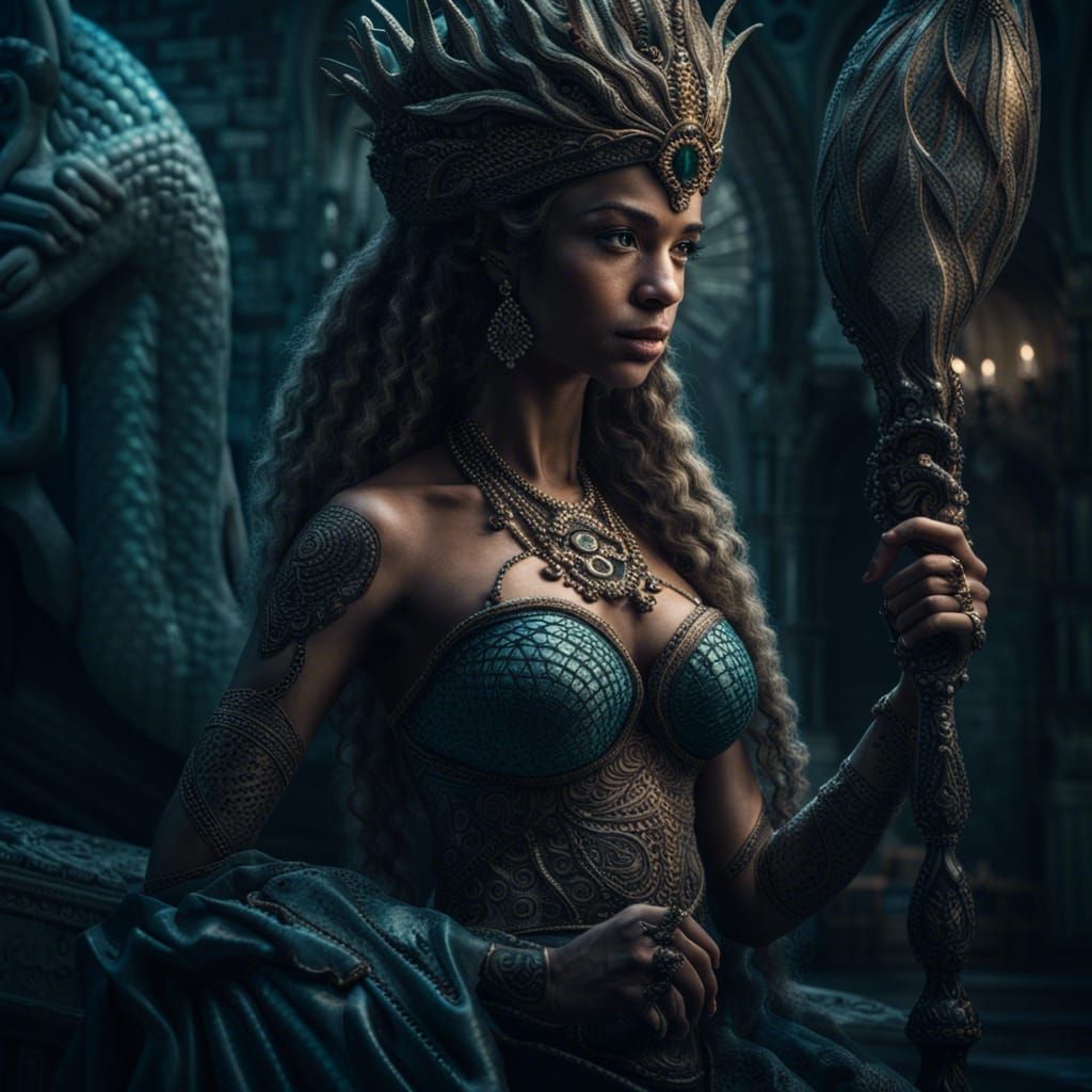 Portrait of a mermaid ruling a very powerful empire holding a staff of power.