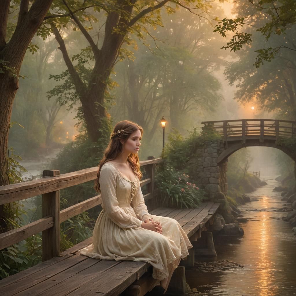 Ethereal Figure on Misty Bridge in Warm Light