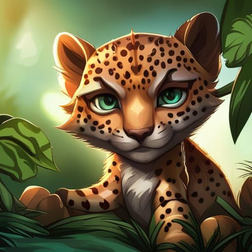 Chibi Leopard Portrait in Hyperdetailed Jungle Scene