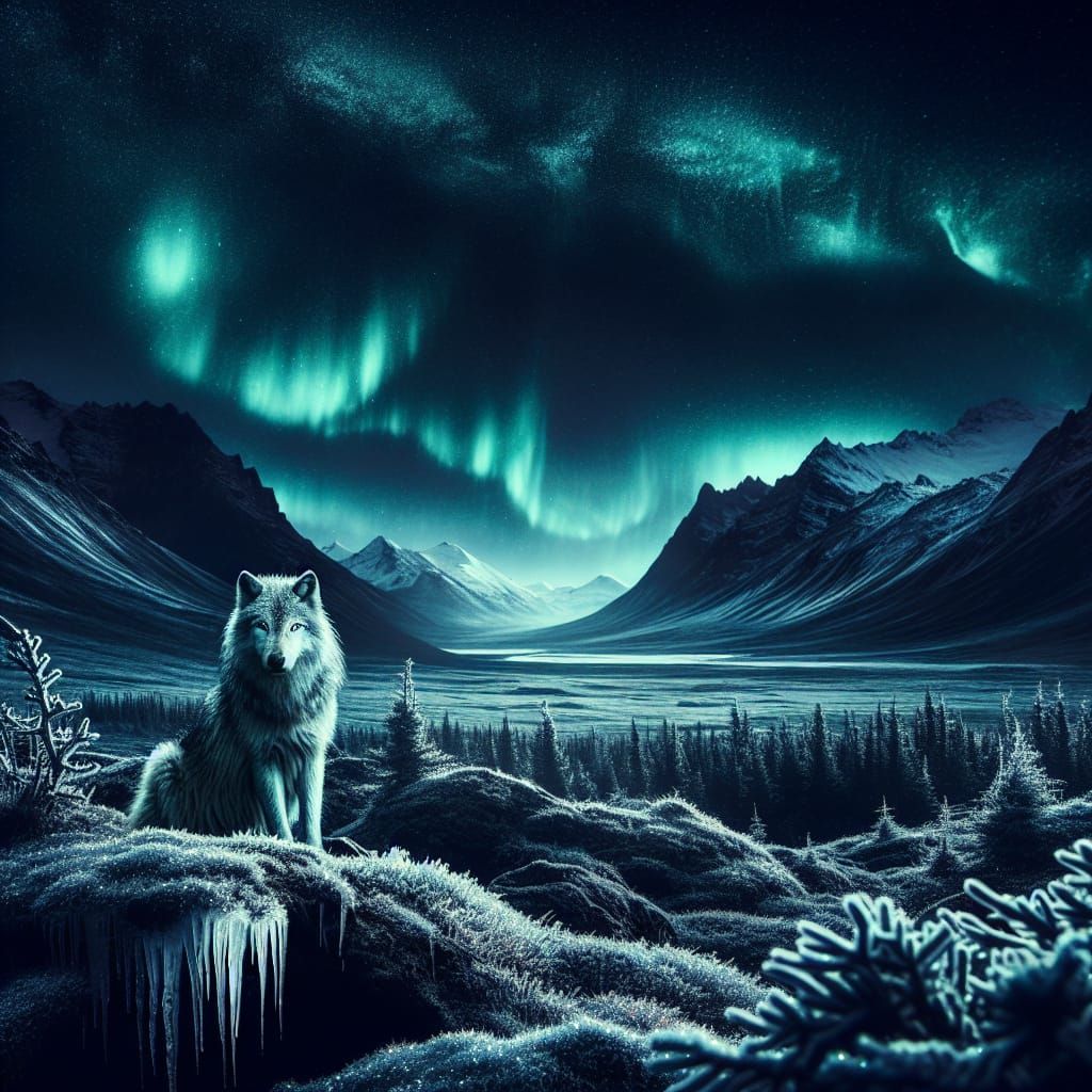 Wolf Gazing at Northern Lights in Mountains