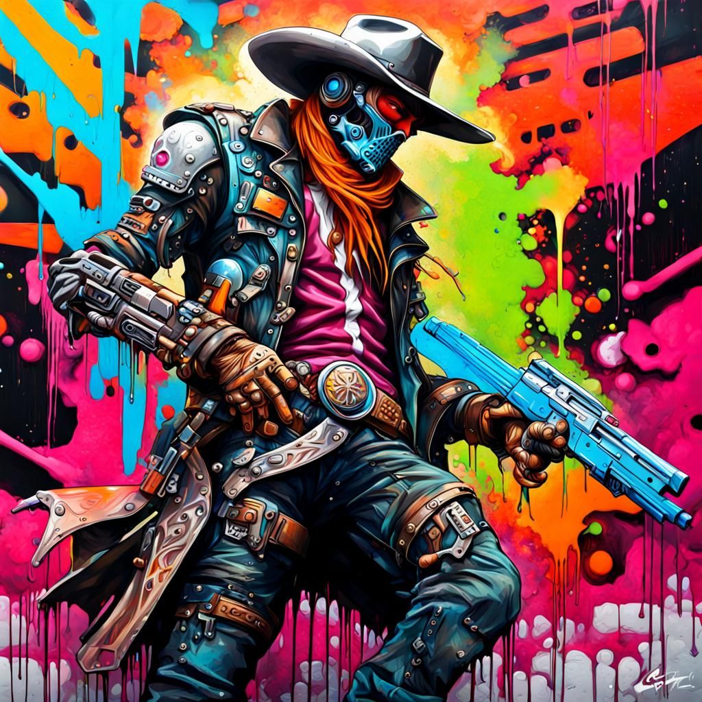 Cyborg Cowboy Bounty Hunter in Graffiti Art