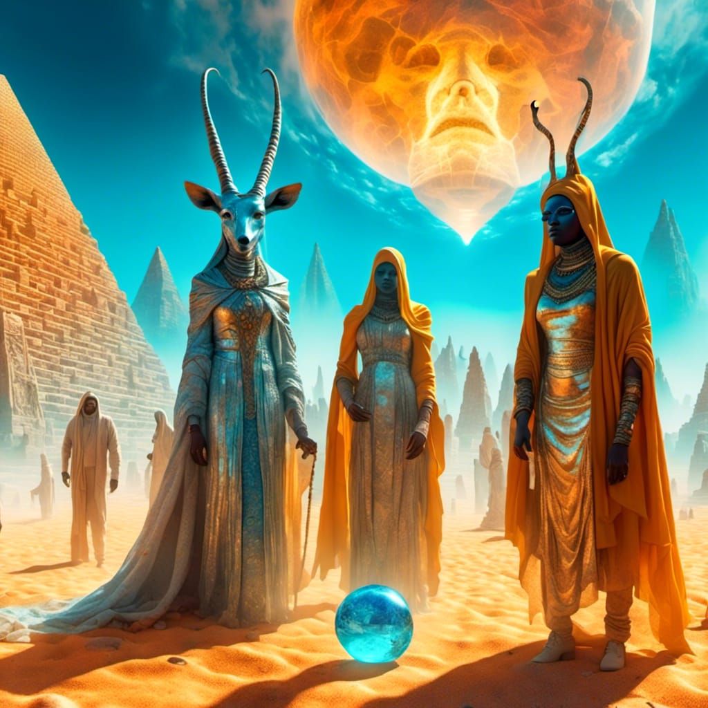 African Woman with Antelope Mask and Amber Pyramid