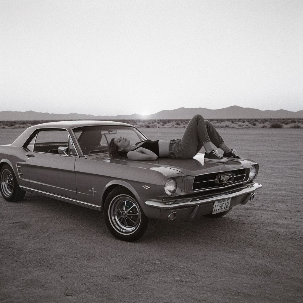 Woman Poses on Vintage Mustang in Desert Dusk