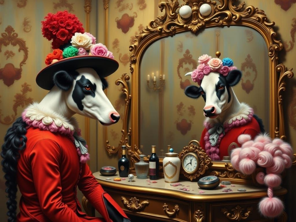 Surreal Burlesque Cow in Dressing Room, Photorealistic Art