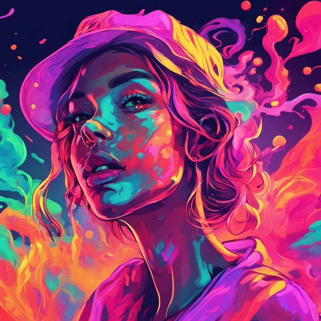 Hallucinating Woman Portrait in Neon Cartoon Style
