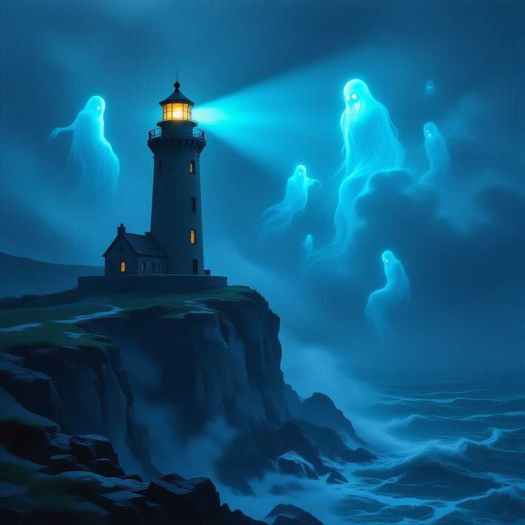 Ancient Lighthouse in Fog with Eerie Specters