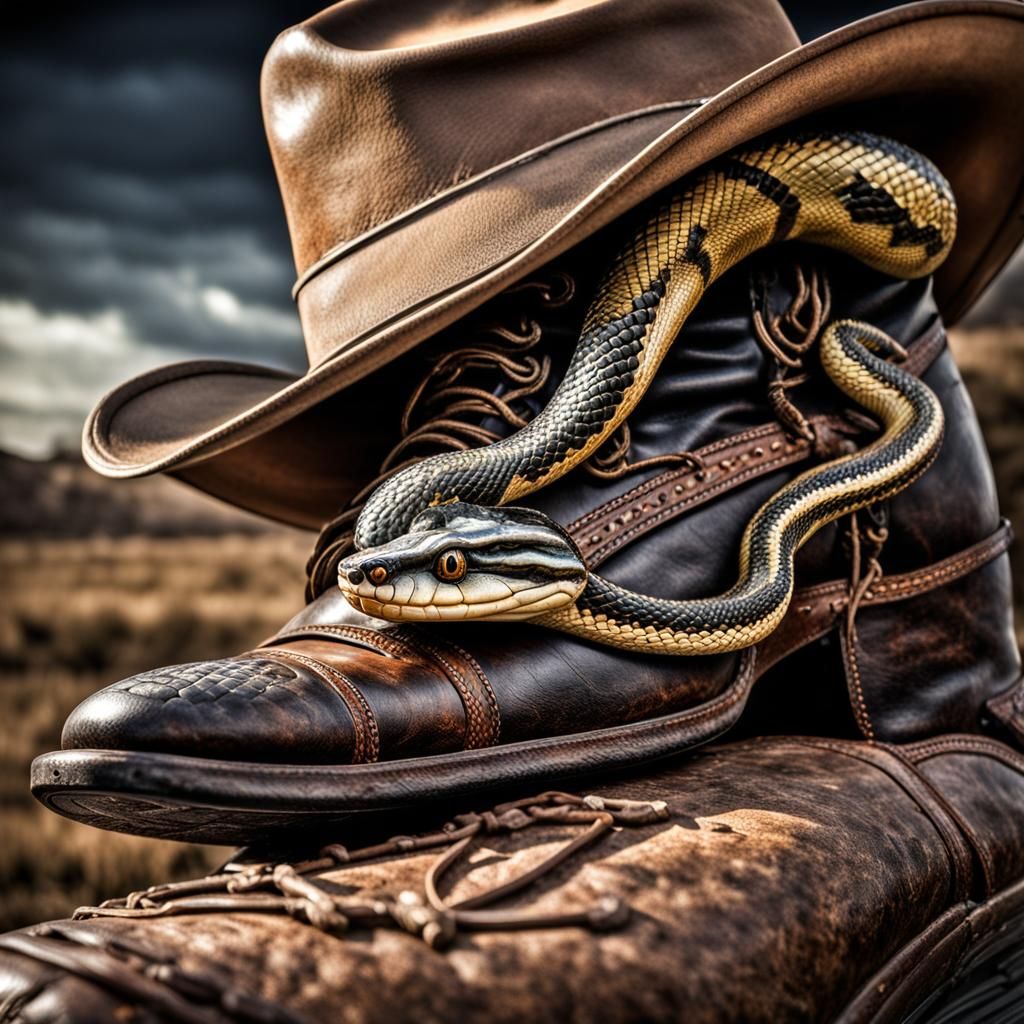 Snake in Cowboy Hat Hiding in Boot
