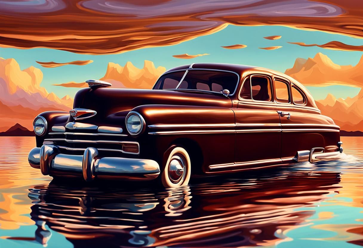 Chocolate Lake Boat Car in Vibrant Oil Painting Style