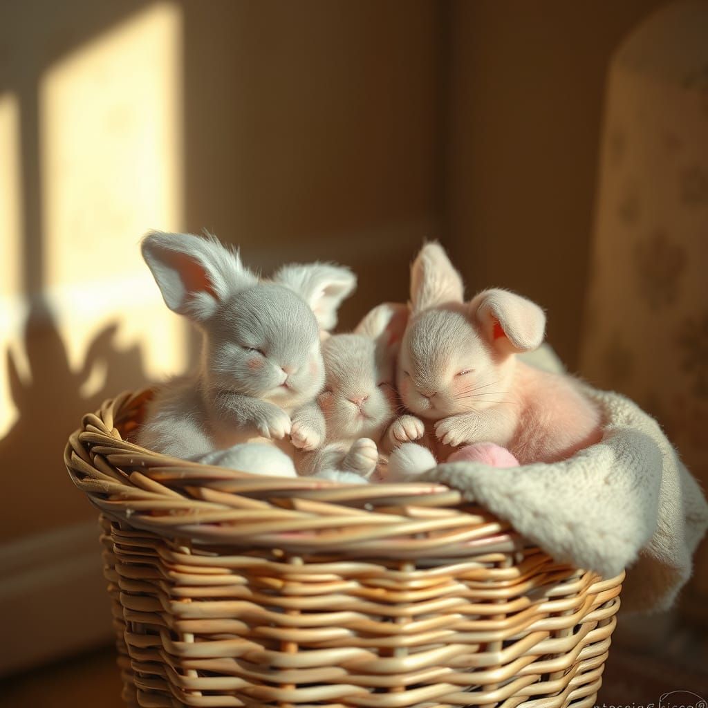 Whimsical Valentine Dust Bunnies in a Warm, Golden Glow