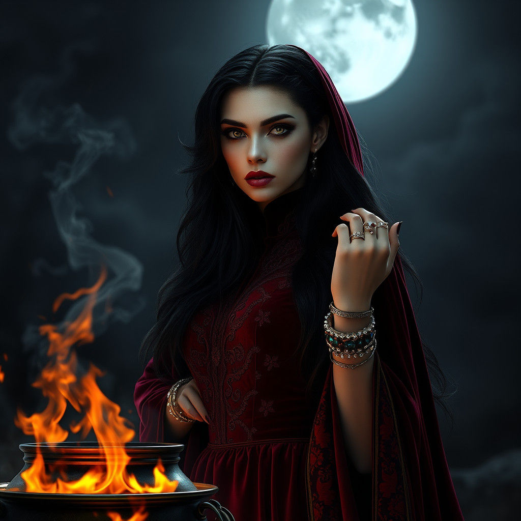 Mysterious Witch in Dark Gothic Fantasy Style