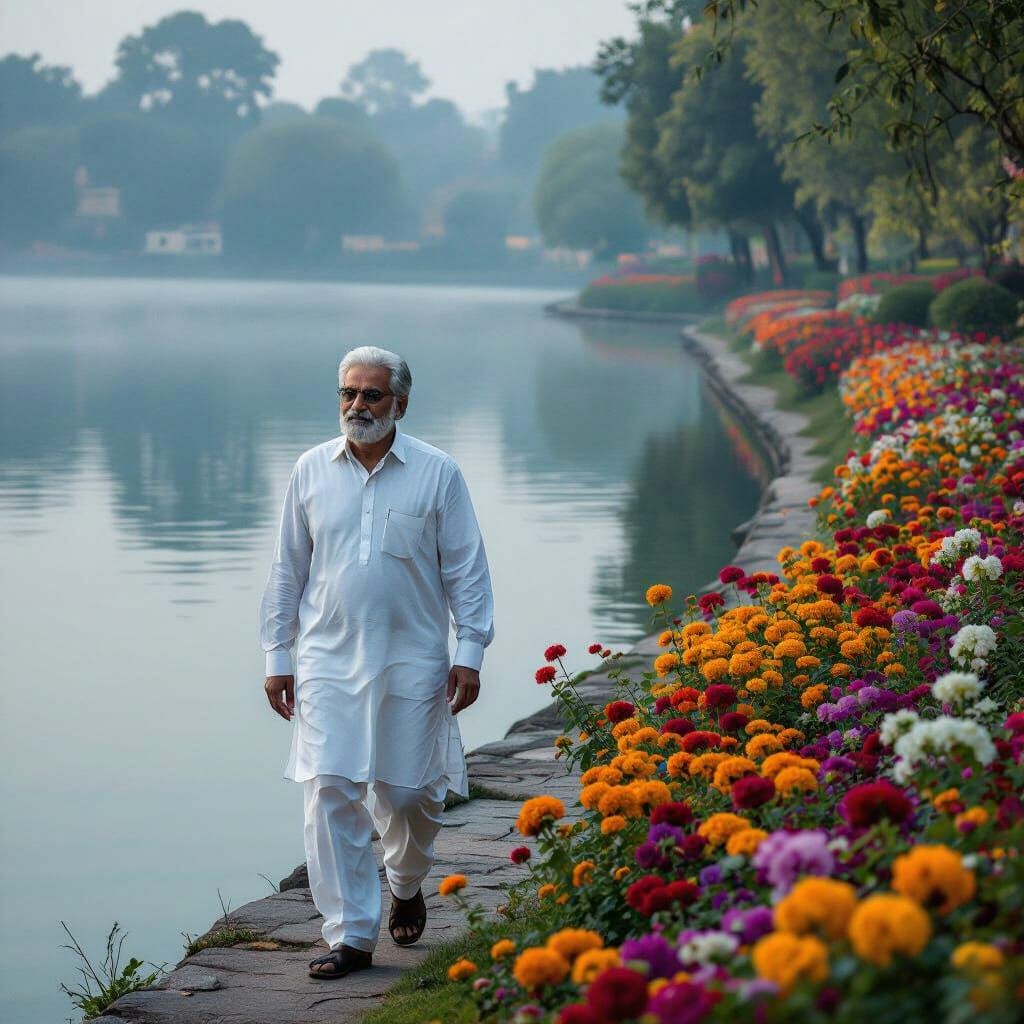 Pakistani Man Walks by Lake in Photorealistic Colors