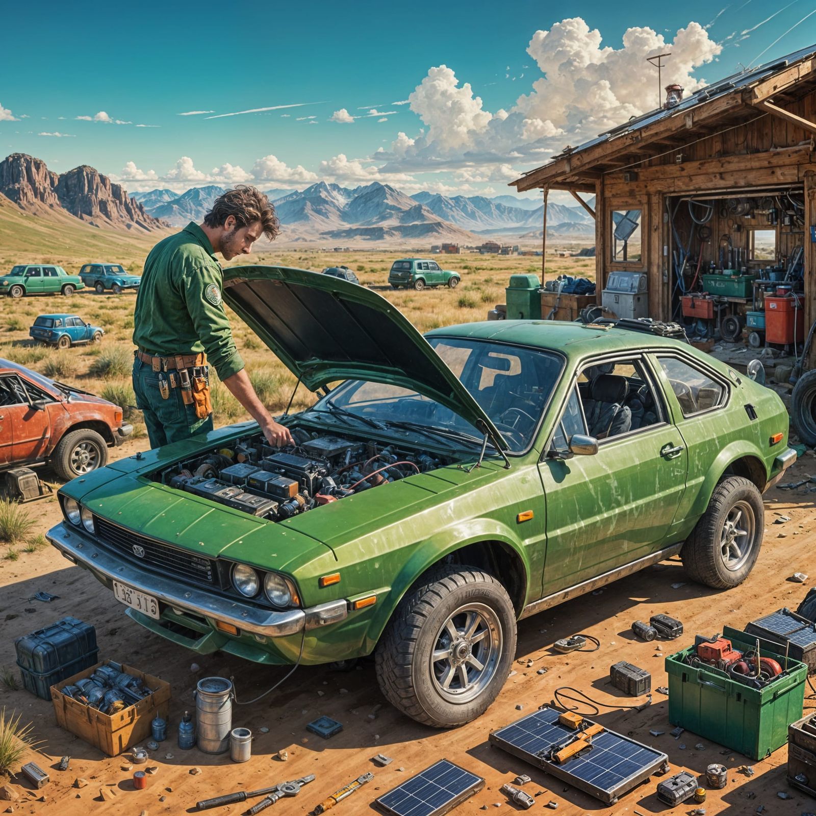 Solarpunk Mechanic Works on a Solar Powered Car in a Green V...
