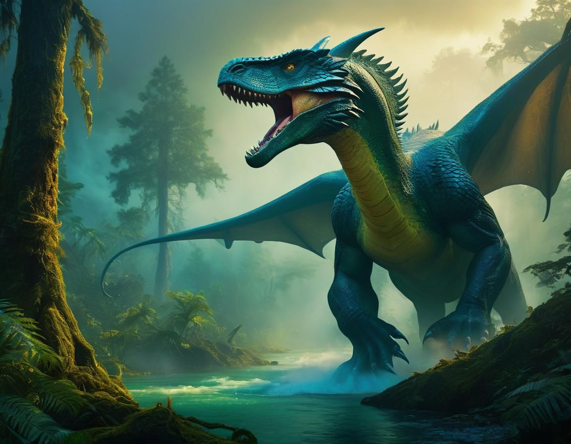 Winged Snake-Dinosaur Roars in Emerald Forest
