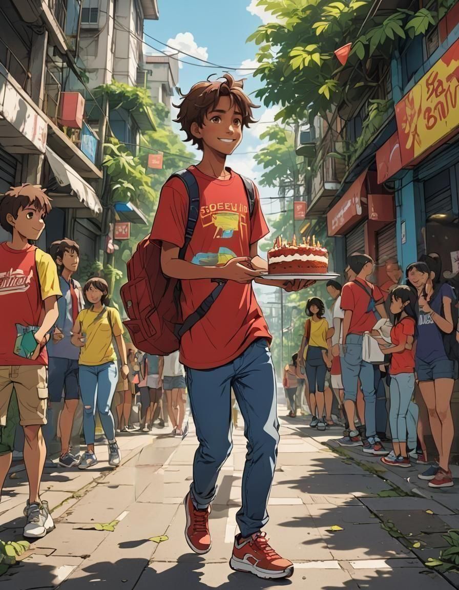 Anime Teen Boy with Birthday Cake in Rainforest
