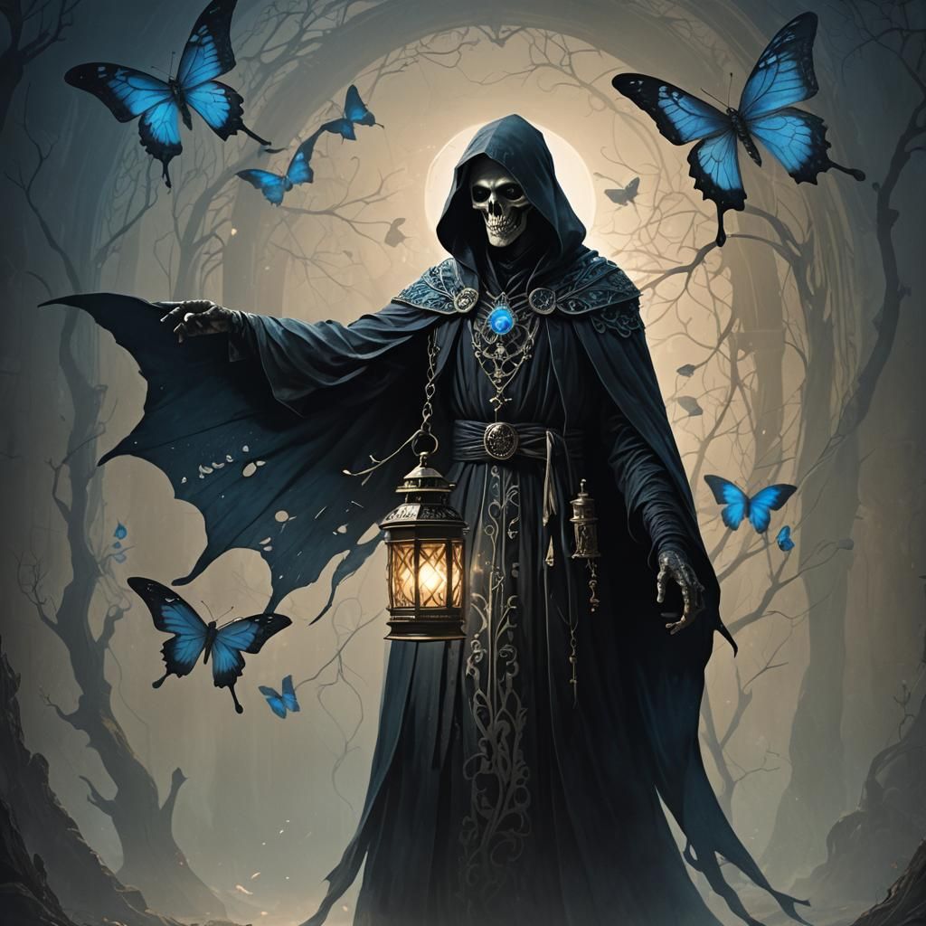 Enigmatic Necromancer with Lantern in Dark Fantasy Style