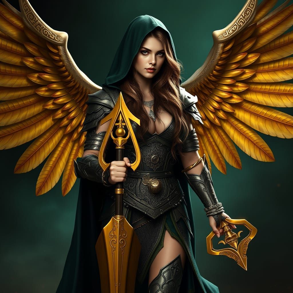 Medieval Fantasy Warrior Woman with Golden Wings