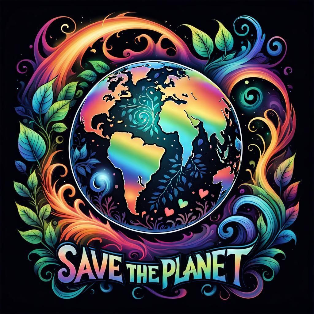 Vibrant Earth with Rainbow Hearts and Cosmic Touches