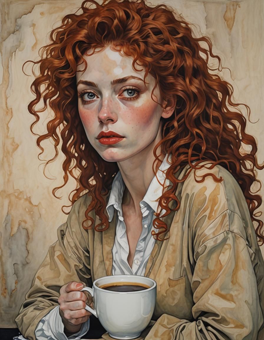 Frizzy Redhead Coffee in Schiele Style