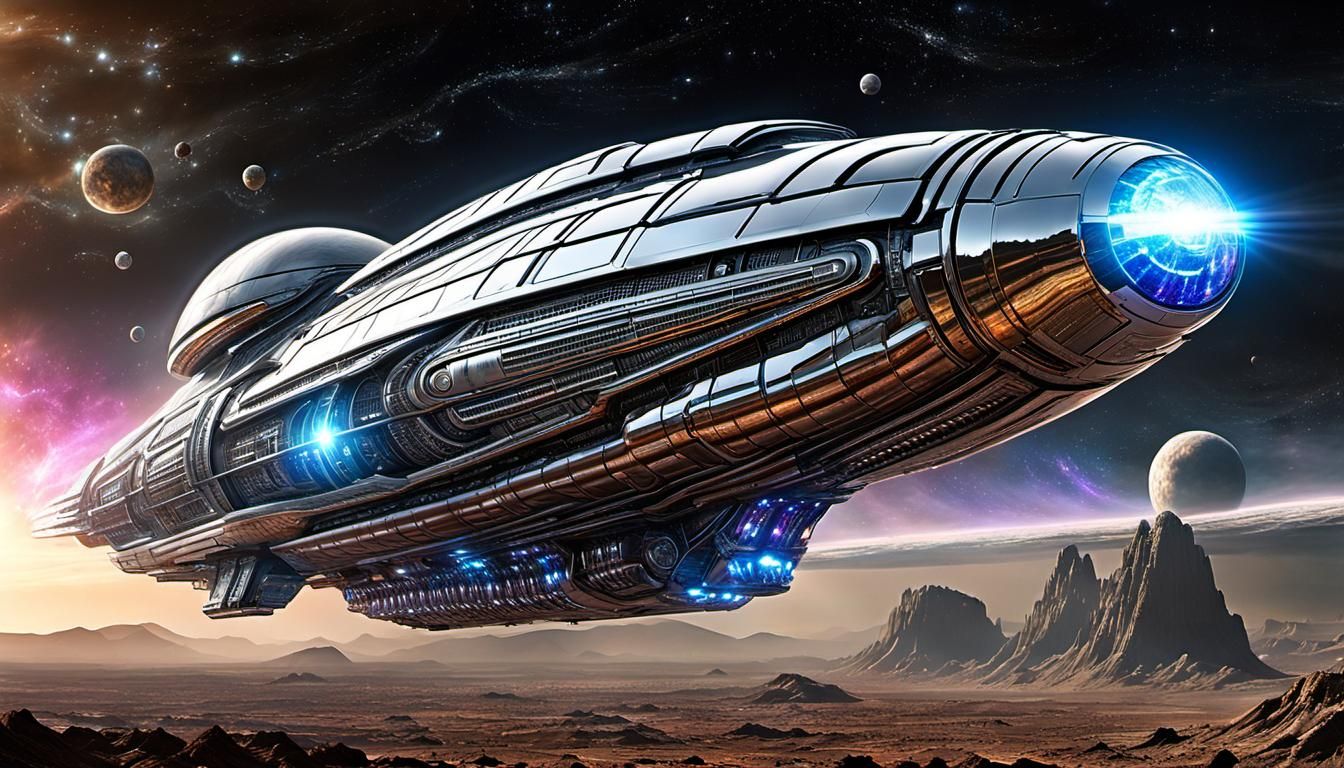 Chrome Alien Spacecraft Emerges from Nebula