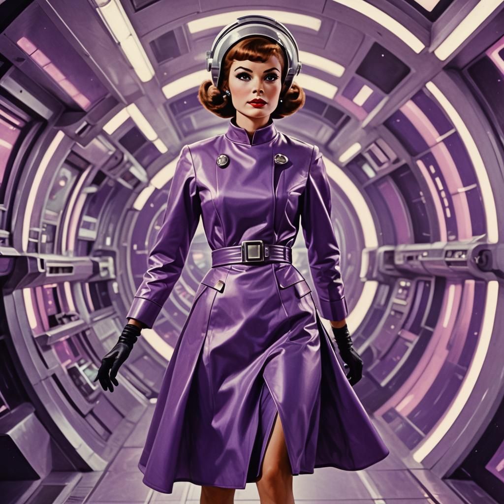 Retro-Futuristic Woman in Motion with Purple Vibe