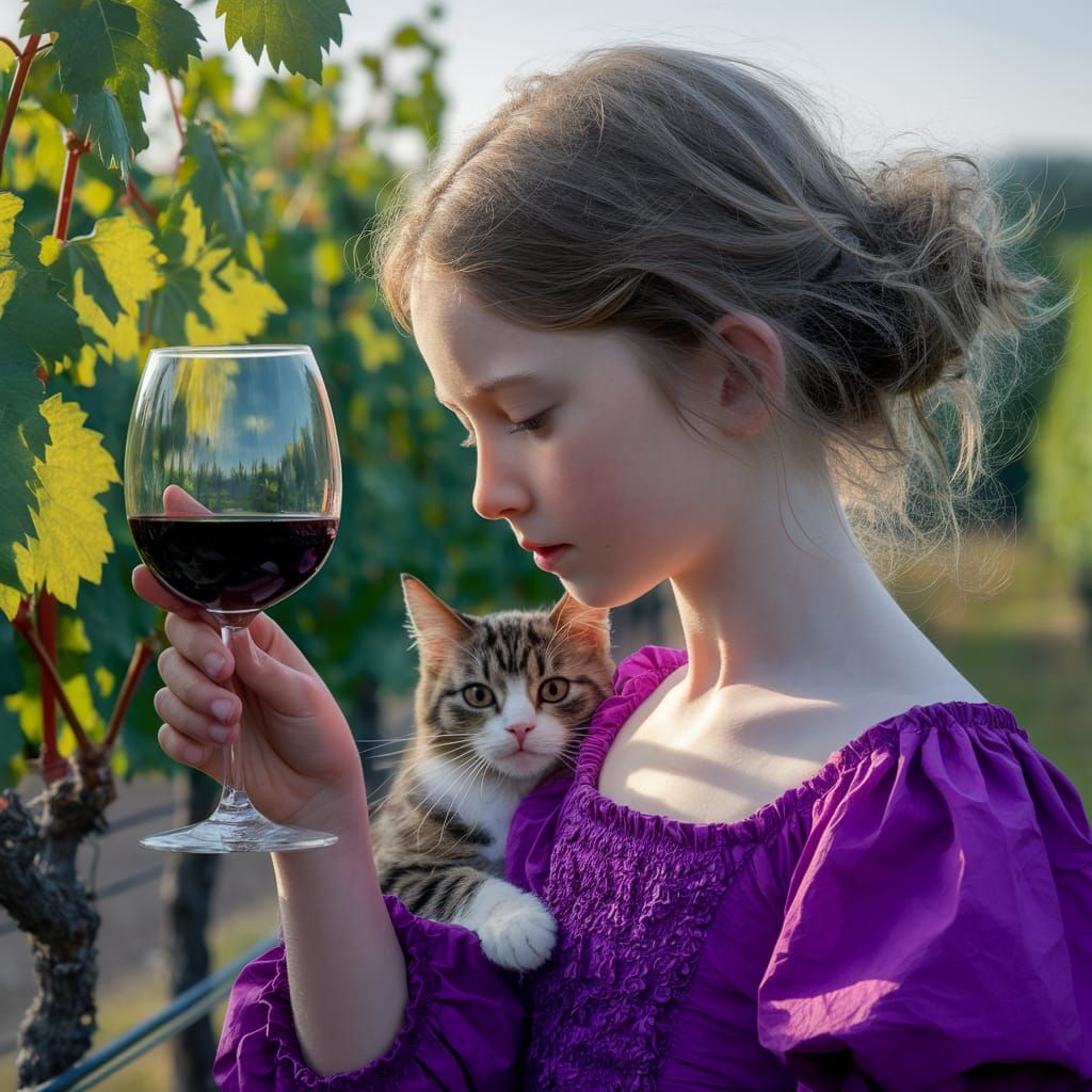 Girl in Vibrant Purple Dress Amidst Lush Vines
