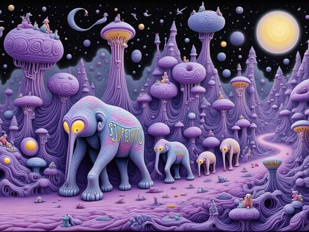 Ethereal Dreamscapes of Whimsical Elephants in Surreal Purpl...