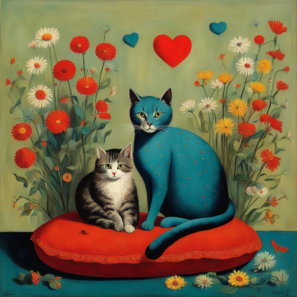 Surreal Cat with Flowers in Dada Style