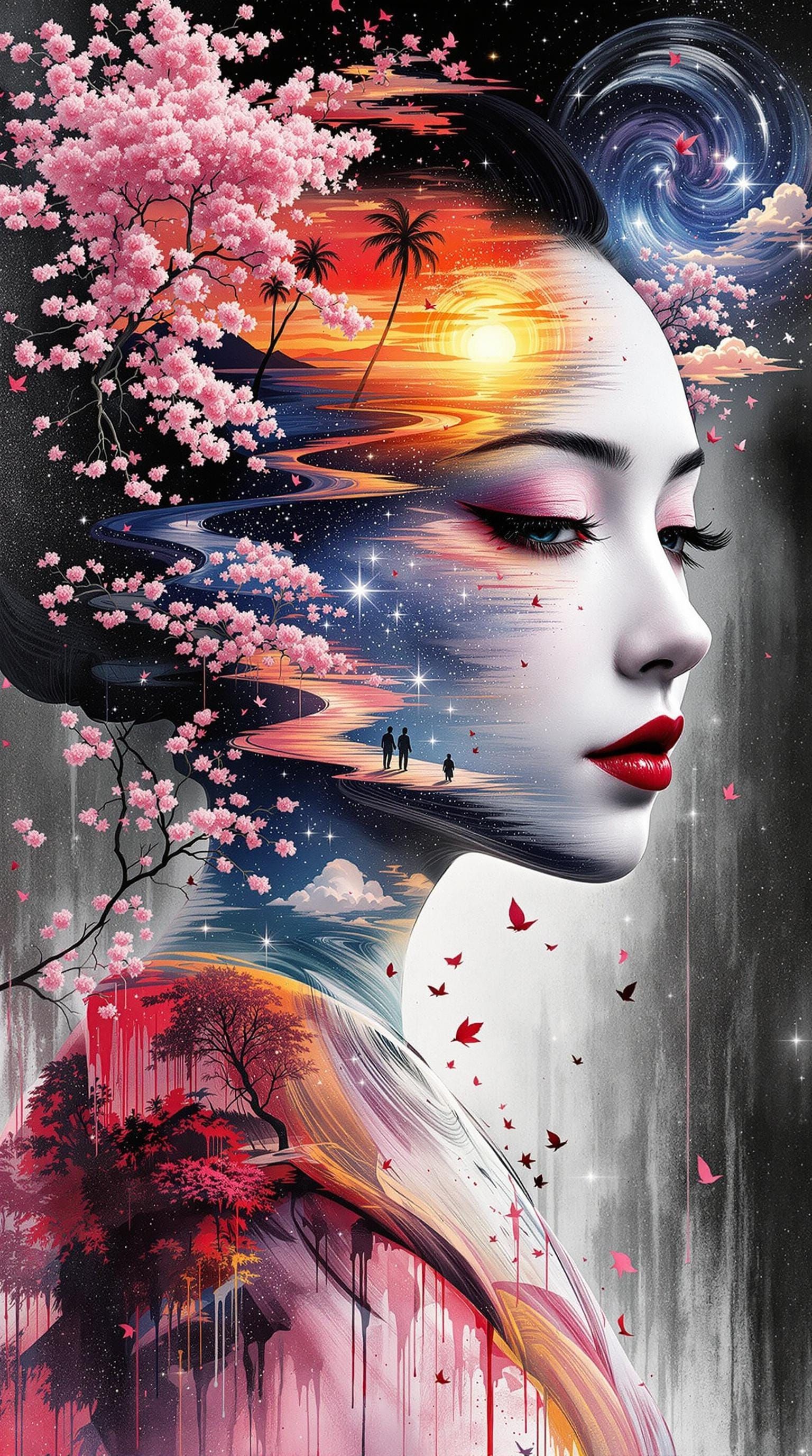 Geisha's Mindscapes in Vibrant Surrealist Abstraction