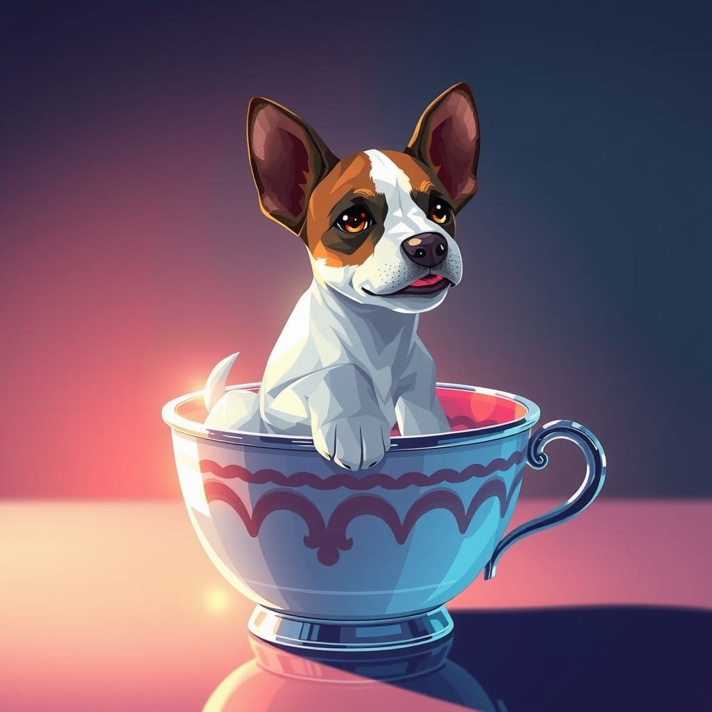 A crystallized jack russell terrier in a teacup