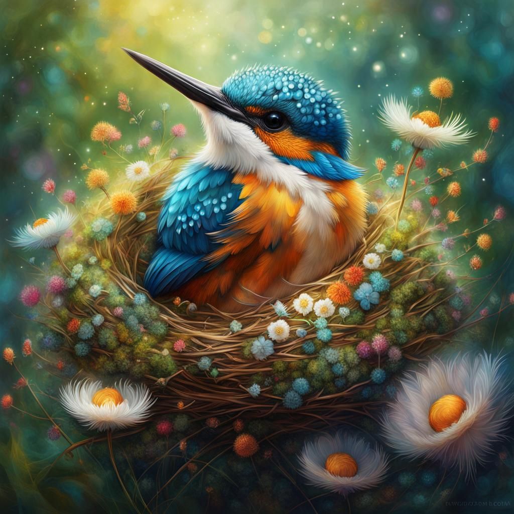 Cute Chibi Kingfisher in Fiber Optic Nest