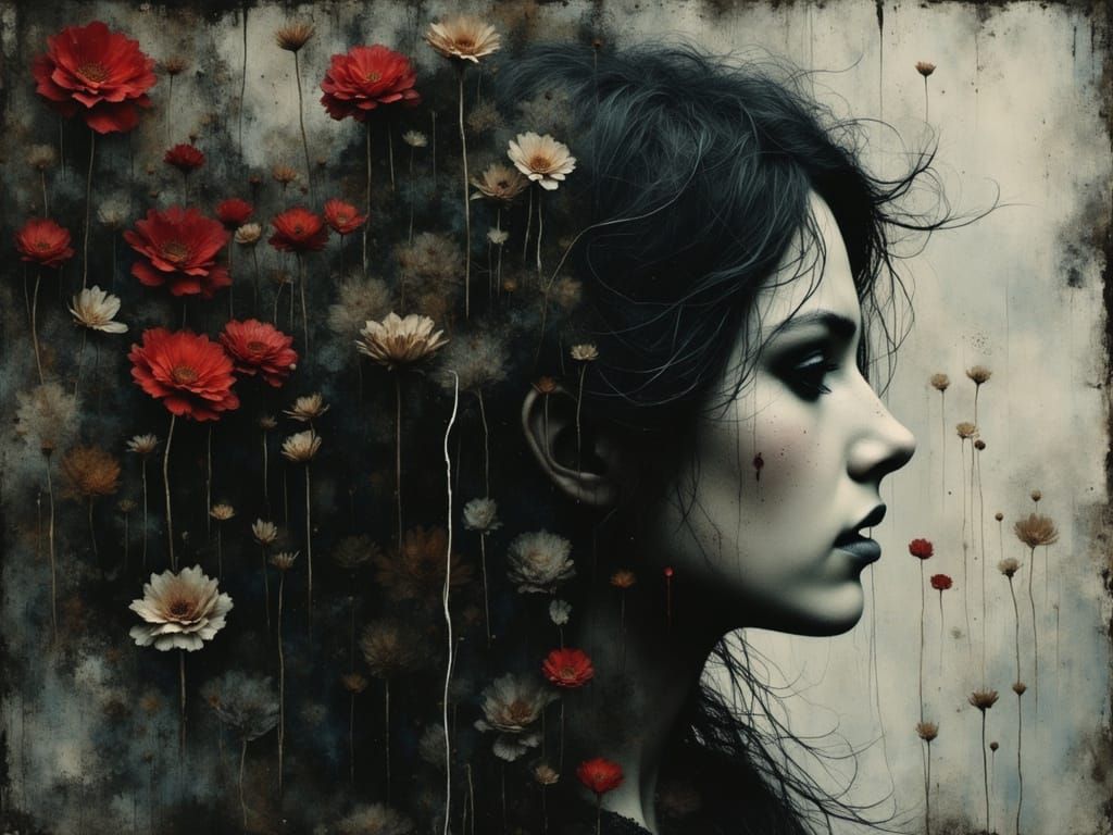 Surreal Portrait of a Chaotic Female Figure in Dark Colors