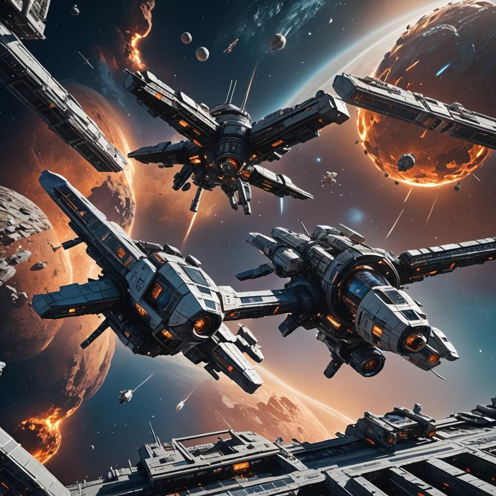 Futuristic Spaceships Orbiting a Space Station