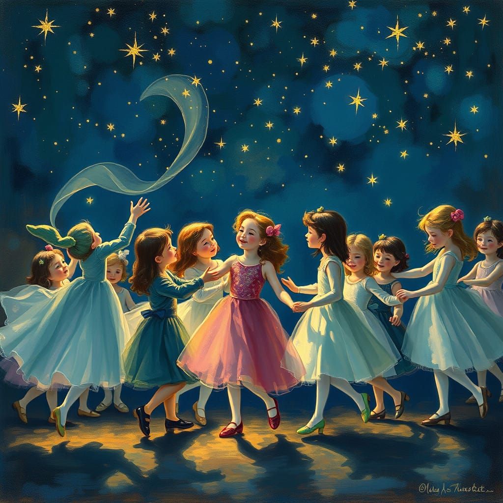 Children Dancing Under a Twinkling Night Sky