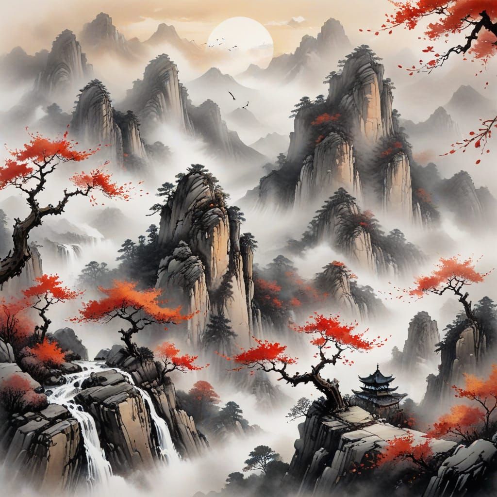 Misty Mountains: Chinese Ink Wash Autumn Landscape
