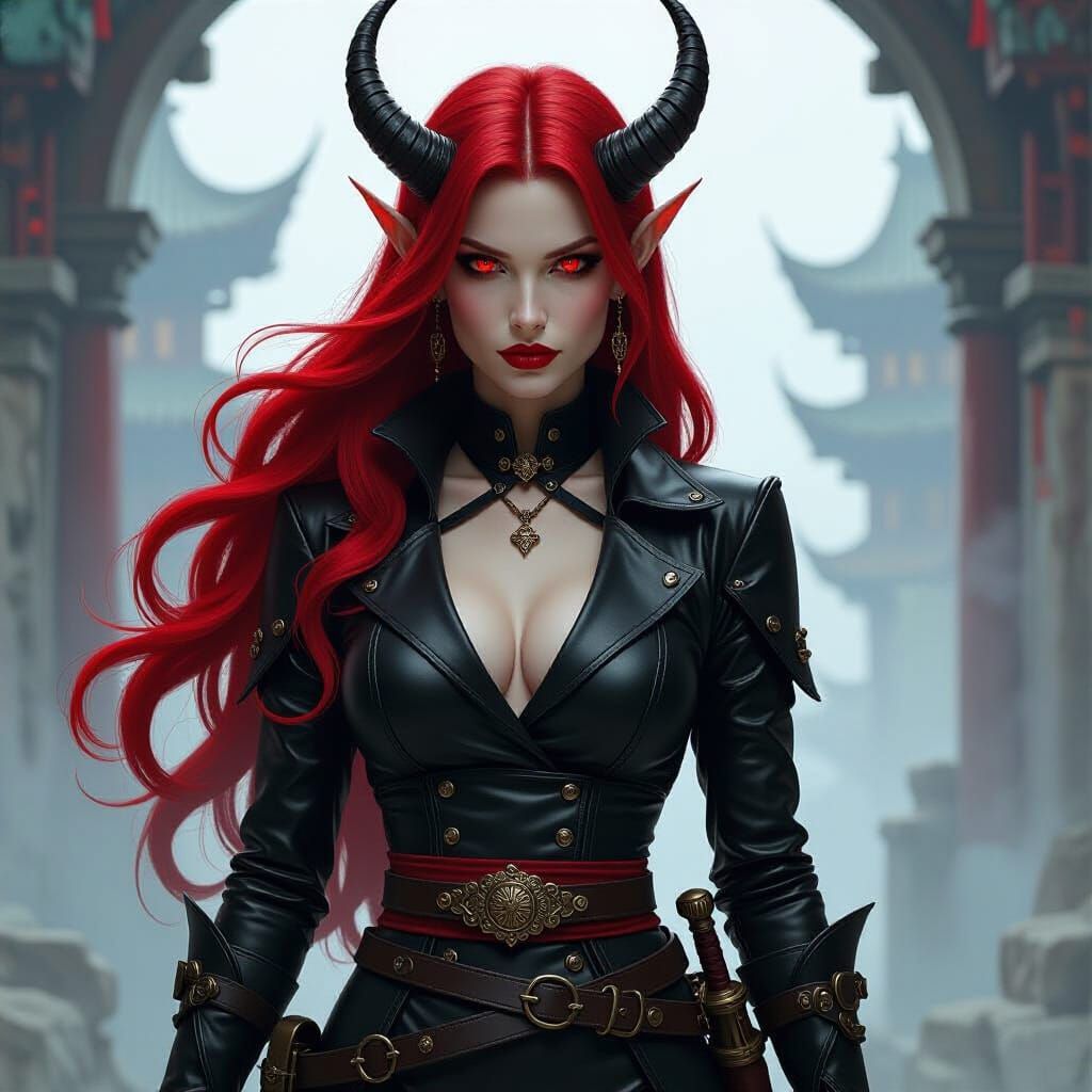 Confident Tiefling Alchemist in Arcane Ruins