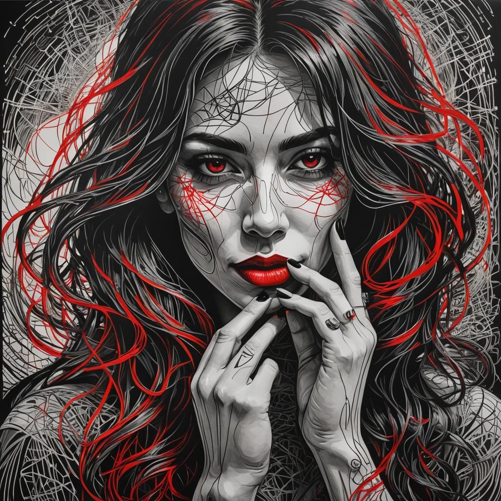 Beautiful Woman Shushes in Red Black and White Scratch Art