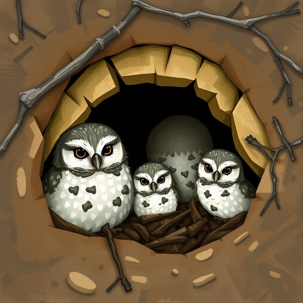 Burrowing Owl Family in Geometric Wildlife Art Style