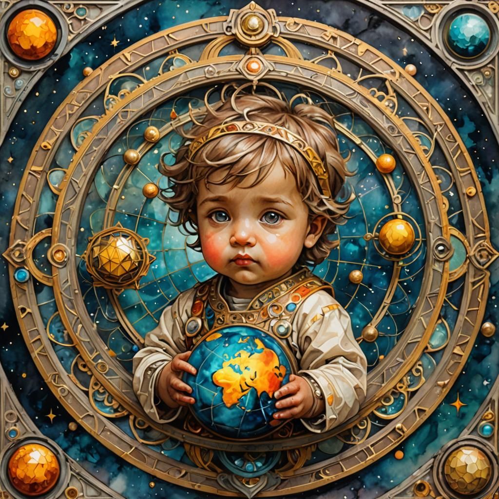 Baby Contemplates Geometrical Steel Planet in Alphonse Mucha...