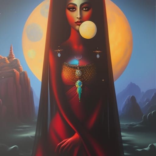 Surreal Moon Queen Portrait in Oil on Canvas