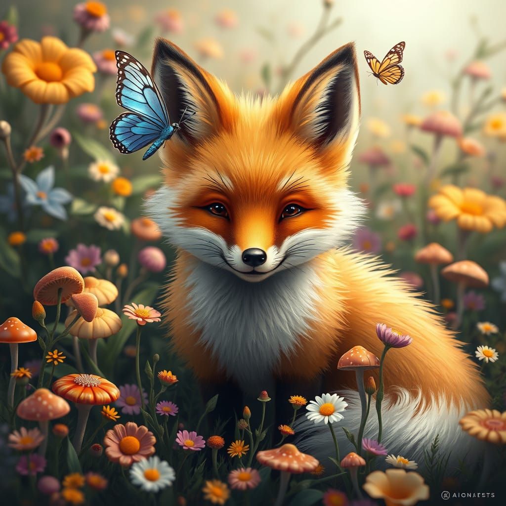 Smiling Fox Portrait in Lush Meadow