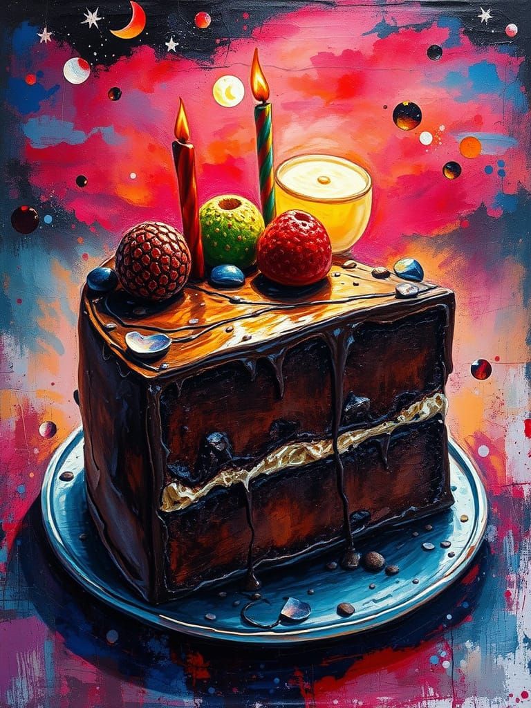 Colorful Vintage Chocolate Cake as Impasto Painting