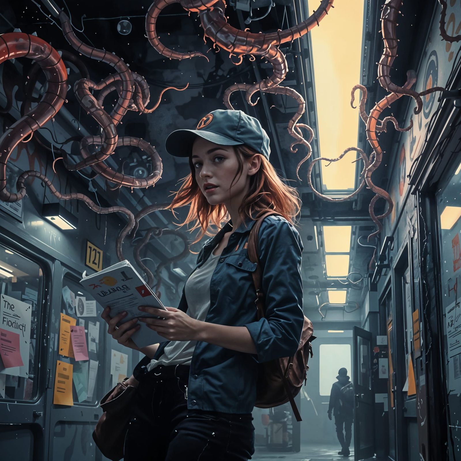 Woman in Dark Watercolor Horror Scene