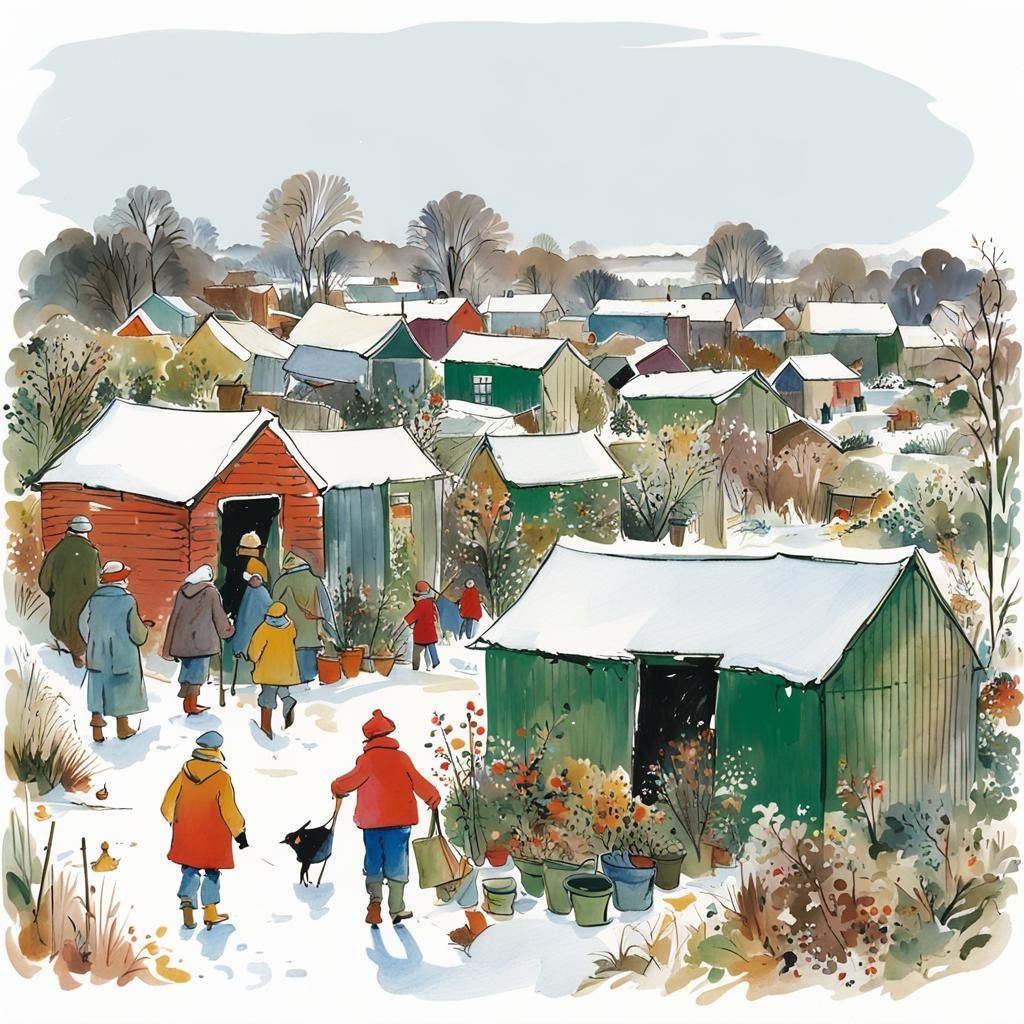 Quentin Blake-Inspired Winter Allotment Scene with Snowy Cha...