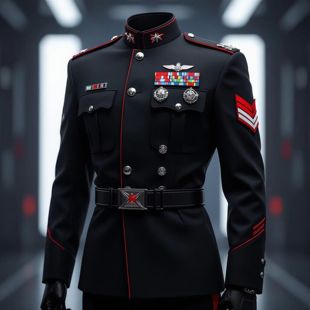 Futuristic Military Uniform with Red, White, and Silver Acce...