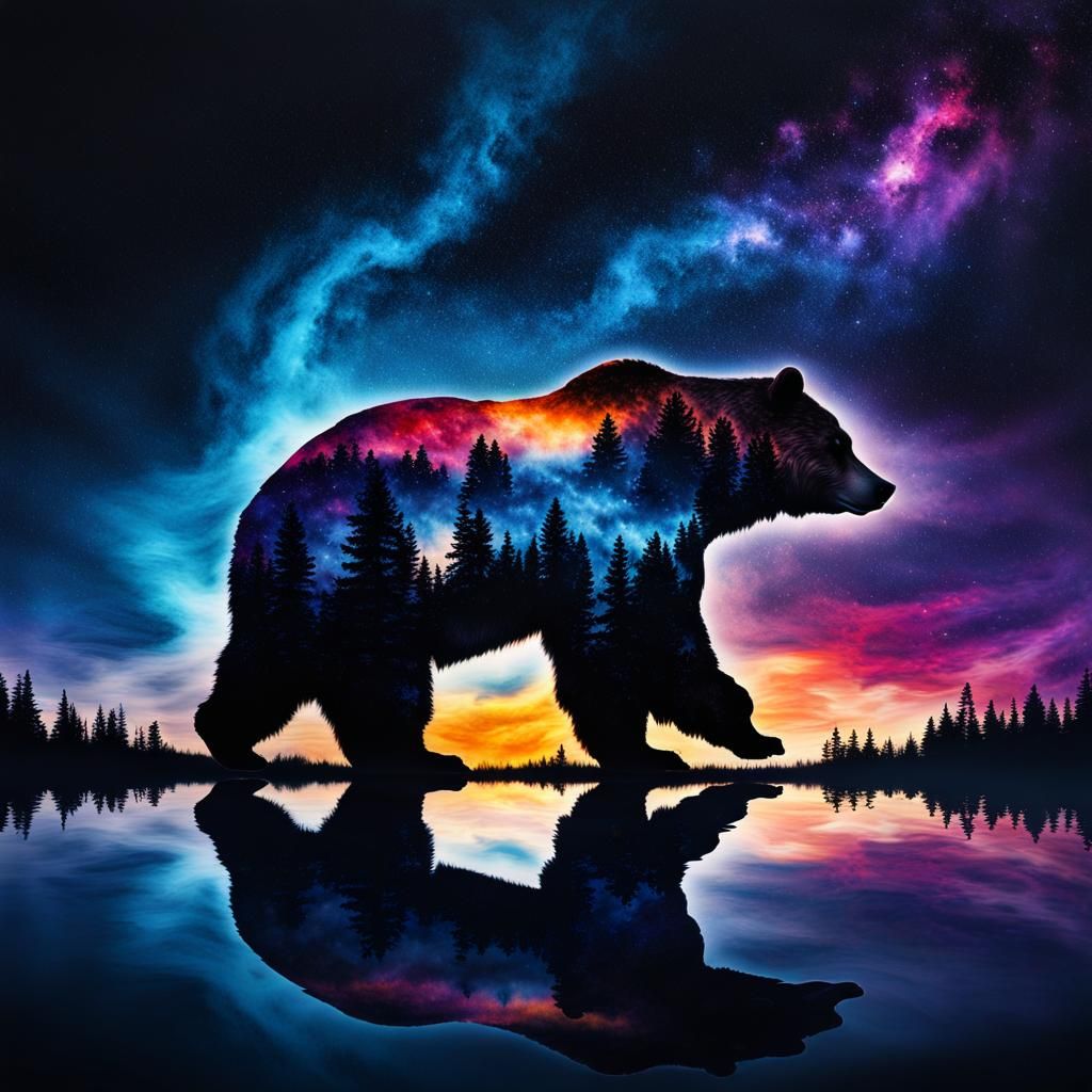 Hyperrealistic Double Exposure Bear Silhouette Sunset