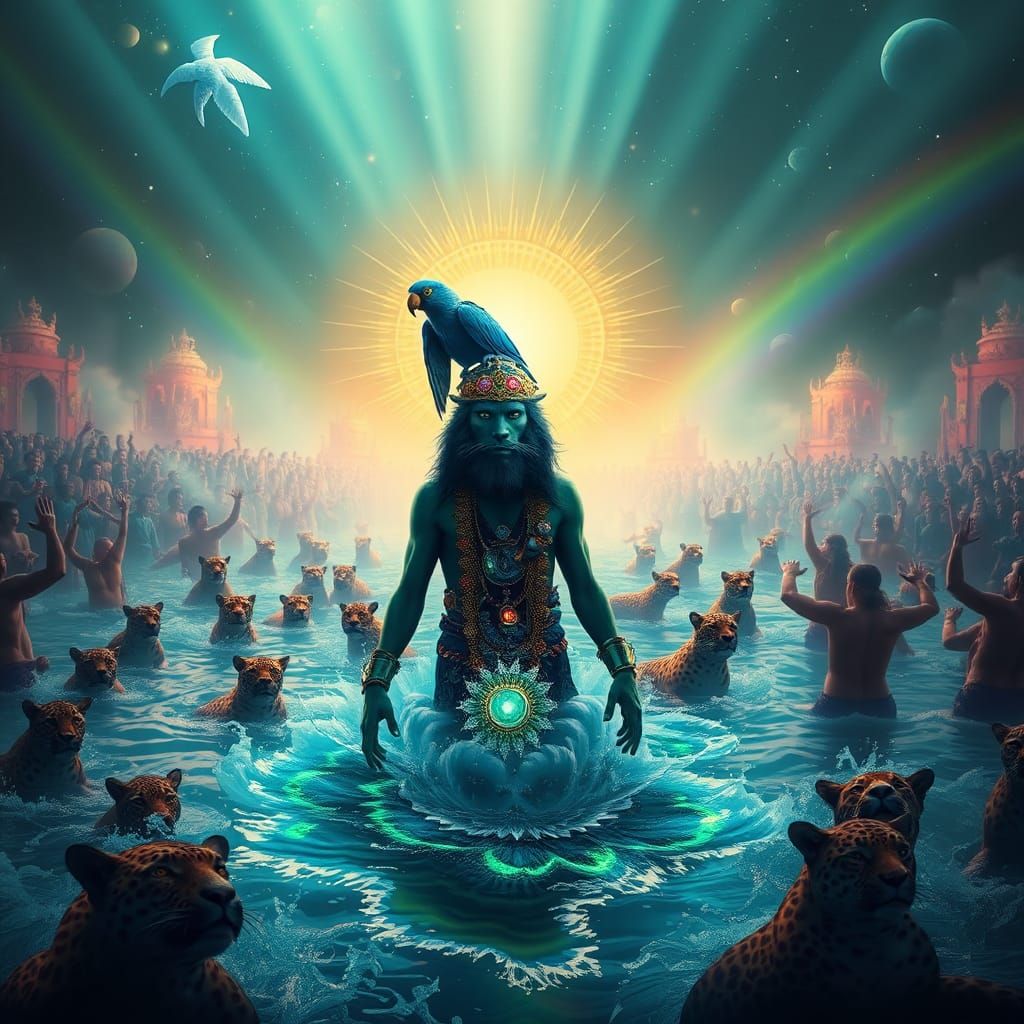 Mystical Leopard Shaman in Rainbow Flood