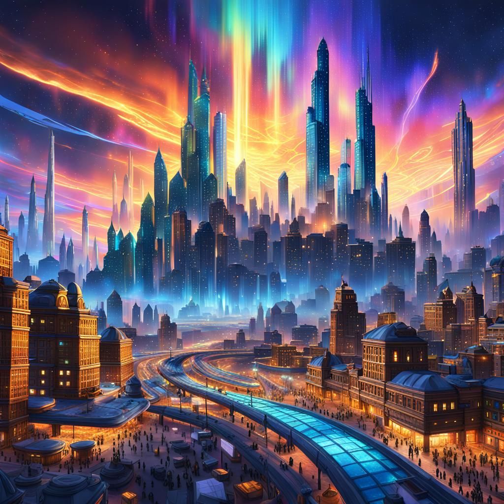 Fantasy Cityscape with Aurora in Digital Matte Painting